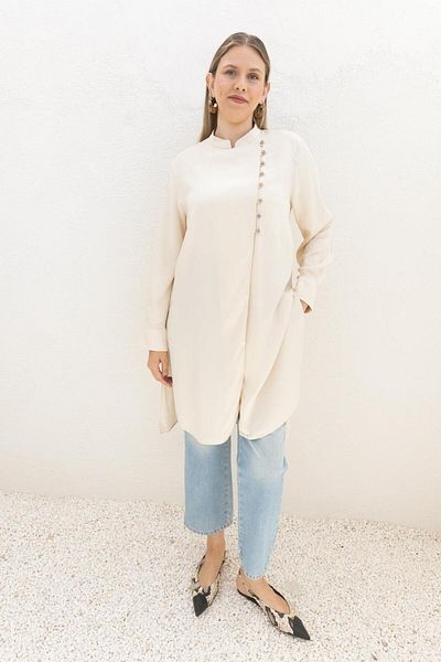 ALLDAY Ecru-Half Placket Slit Linen Tunic