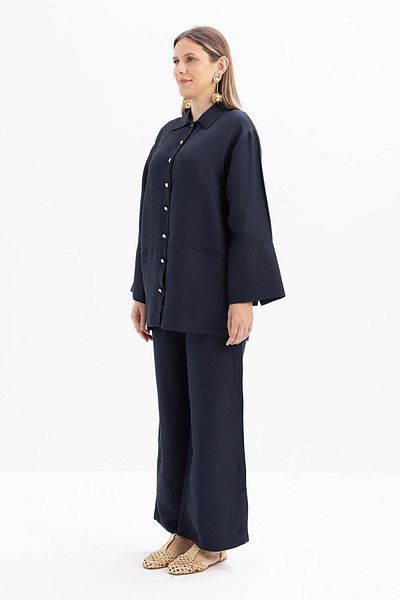 ALLDAY Indigo-Wide Folded Slit Linen Trousers Suit