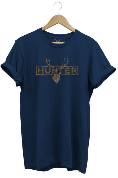 WİDİ Hunting Camouflage Pattern Deer and Hunter Text Printed 100% Cotton Regular Fit Crew Neck T-Shirt