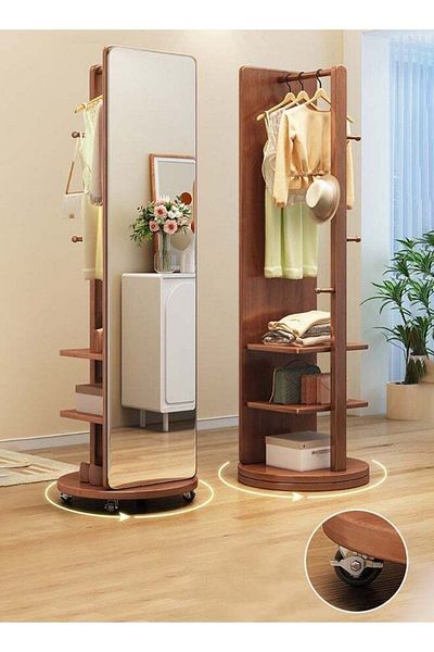 Taimi 360 Degree Rotating Floor Mirror and 2-in-1 Coat Rack for Bedroom and Living Room 166x56cm Brown