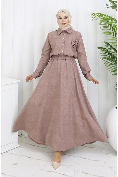 sefamerve Rose Detailed Shirt Skirt Double Set 2088-02 Milk coffee
