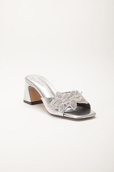 Dilimler Ayakkabı Women's Heeled Slippers Silver Skin Stone Leaf Accessory