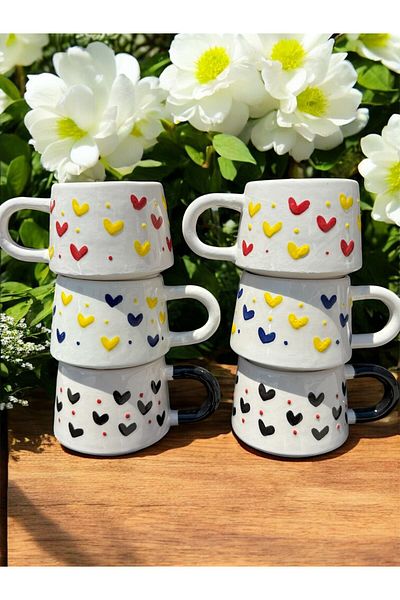 BB TRADE Handmade Set of 6 Yellow Navy Blue Red Black Heart Ceramic Mug