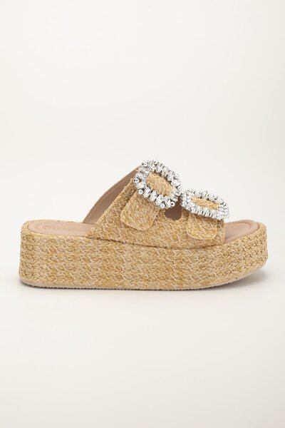 Dilimler Ayakkabı Women's Wedge Heeled Slippers Beige Two Stripes Square Stone Buckle Coated Sole