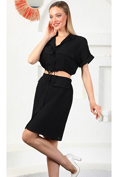 Miss Allos Women's Shirt and Buttoned Mini Skirt Linen Look Summer Double Suit