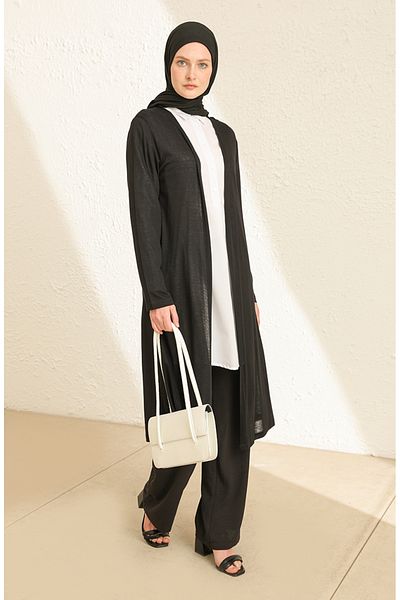 sefamerve Simple Thin Basic Long Cardigan Hijab Cardigan Mother Cardigan 8755-01 Black