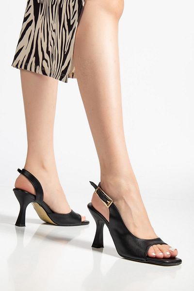 Dilimler Ayakkabı Kadi Heeled Sandals Shoes Black Skin Side Big Buckle