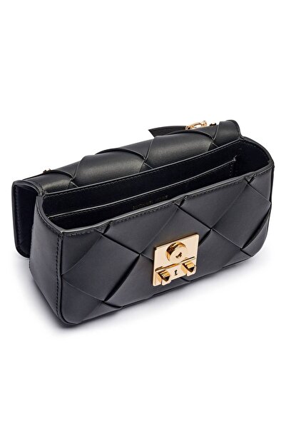 Michael Kors Women's 100% Leather Quilted Patterned Black Shoulder Bag with Gold Metallic Closure Chain Shoulder Strap 30S5G2R