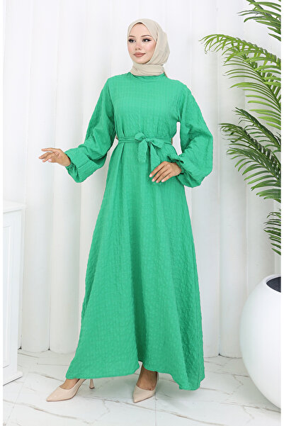 sefamerve Seersucker Fabric Belted Dress 2086-03 Green