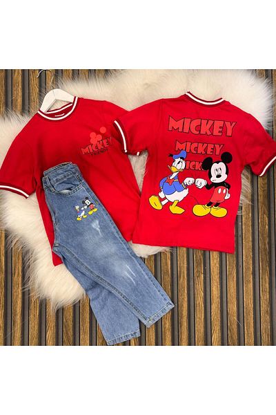 cacakids Mickey Top Cotton T-Shirt Bottom Jeans Pants Double Set
