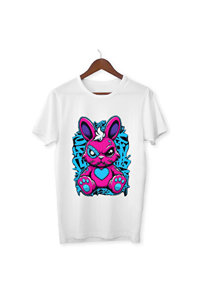 ALPŞAN TİCARET تي شيرت أبيض مطبوع عليه أرنب للأطفال والكبار للجنسين