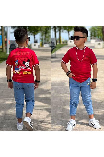 cacakids Mickey Top Cotton T-Shirt Bottom Jeans Pants Double Set