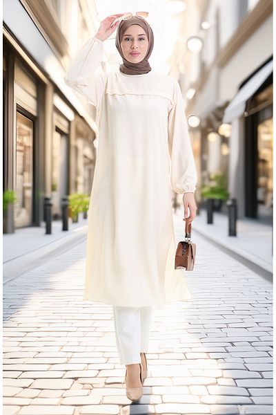 sefamerve Side Slit Long Tunic 4104-07 Cream