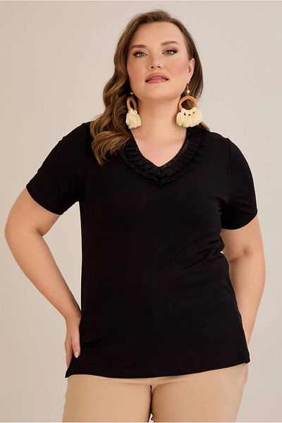 FOR ESRA BIG TREND Women's Plus Size V Neck Ruffle Sequins Sequin Double Layer Collar Detail Short Sleeve Stretchy Viscose Blouse