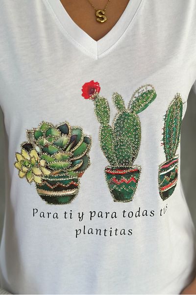 FEMELLE Tricou alb pentru femei, 100% bumbac, cu decolteu în V, paiete de cactus și broderie brodate