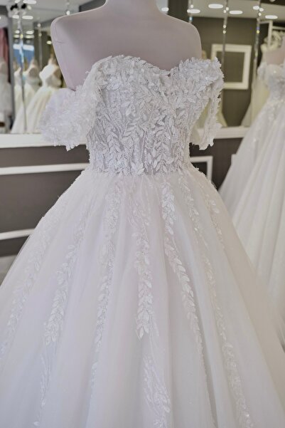 ESLİNA MODA Yaprak Desenli Lady Kollu M Yaka Kiloş Etek Gelinlik