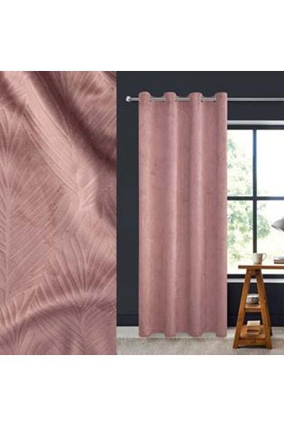 Jumbo Perdea decorativă din catifea roz nud cu model de frunze tropicale în relief și inele 140 x 260 cm