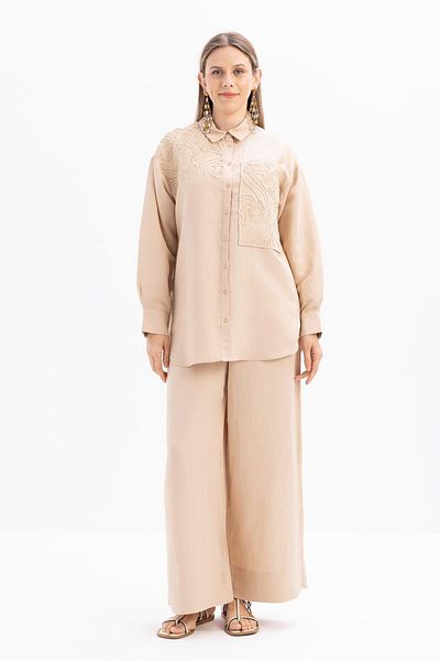 ALLDAY Beige-Embroidery Detailed Linen Trousers Suit