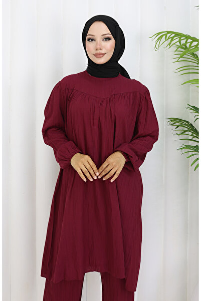 sefamerve Drawstring Tunic Trousers Double Set 2089-02 Cherry