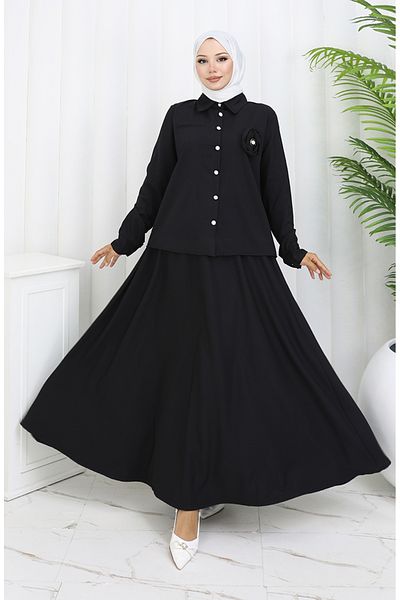 sefamerve Rose Detailed Shirt Skirt Σετ δύο τεμαχίων 2088-03 Μαύρο