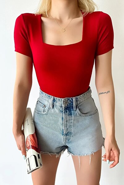 modazoom Γυναικεία μπλούζα με κοντό μανίκι με τετράγωνο λαιμό