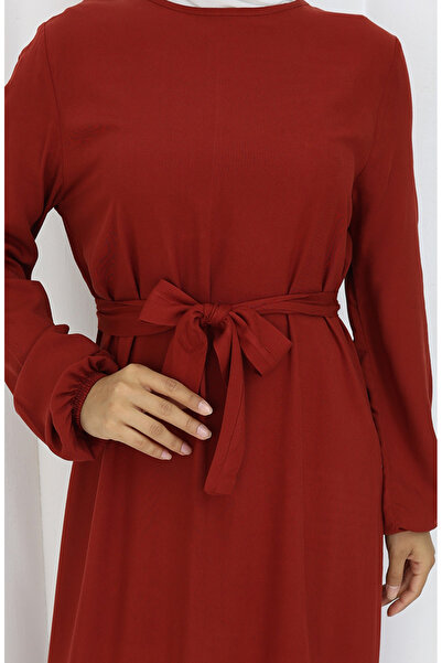 sefamerve Eteği Fırfırlı Kuşaklı Elbise 4103-02 Kiremit