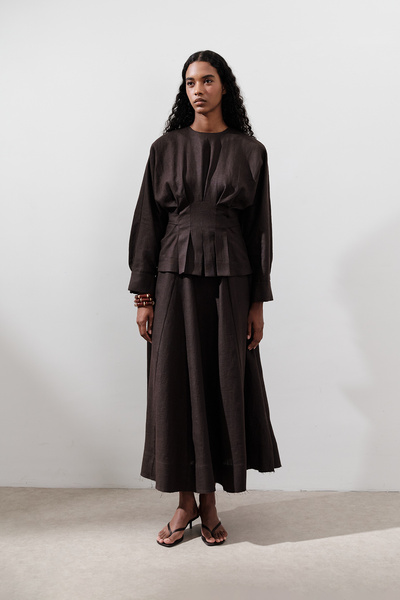 Manuka Linen Double Breasted Tie-Down Bluz Aci Brown