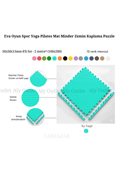 CARPAZAR Damla Desen Tatami Eva Spor Yoga Pilates Oyun Matı Halısı Minderi Puzzle 50x50 13mm 8 Adet 100x200