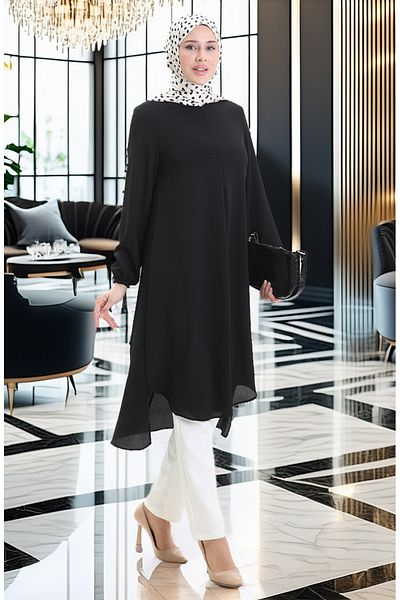 sefamerve Frame Detailed Long Tunic 4105-08 Black