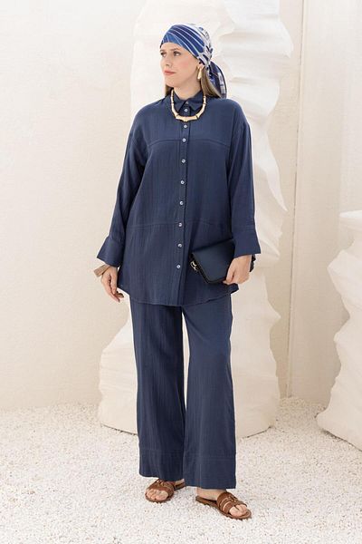 ALLDAY Indigo-Stitch Detailed Muslin Trousers Suit