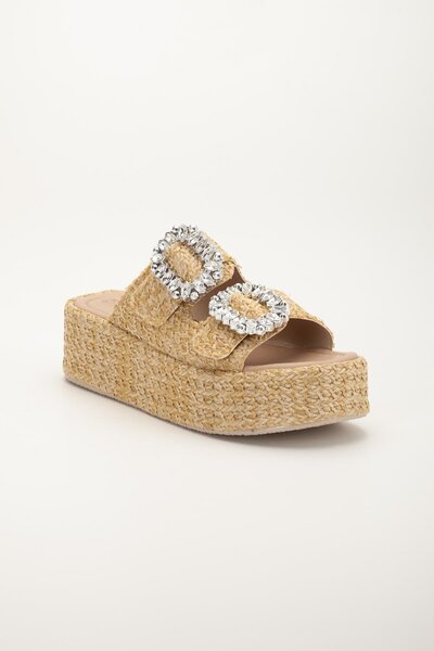 Dilimler Ayakkabı Women's Wedge Heeled Slippers Beige Two Stripes Square Stone Buckle Coated Sole
