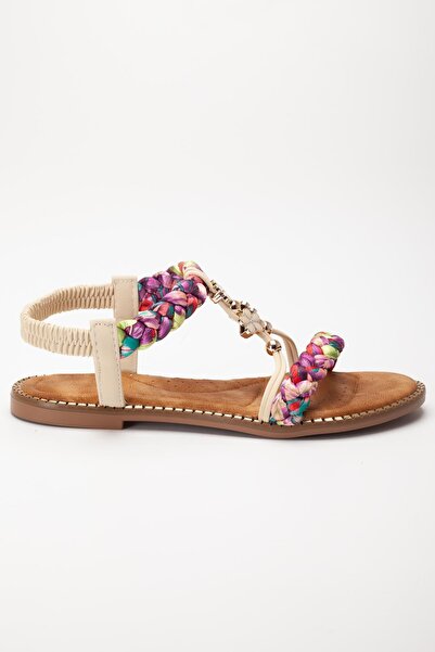 Dilimler Ayakkabı Women's Flat Heeled Sandals Beige Mesh Strap Flower Buckle