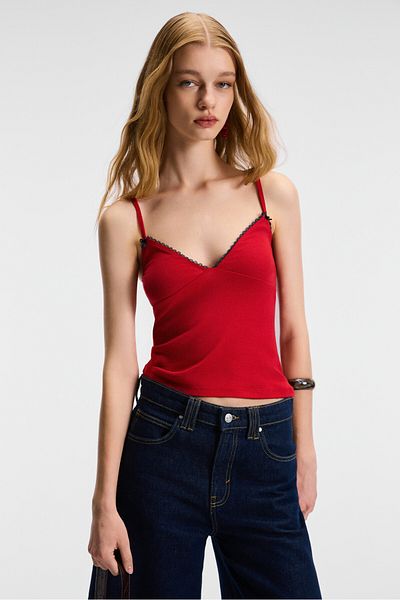GRIMELANGE Velistra Women's Triangle Chest Cup Lace Detailed Adjustable Strap Red Tank Top
