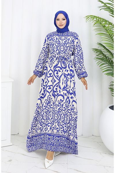sefamerve Φόρεμα με μοτίβο ζωσμένο 2091-02 Λευκό Navy Blue