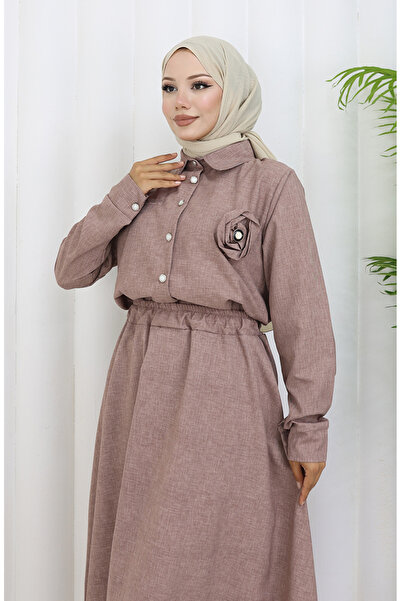 sefamerve Rose Detailed Shirt Skirt Double Set 2088-02 Milk coffee