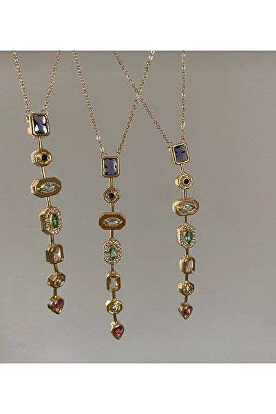 Çelik Y Necklace Colorful Stone Steel Necklace Trend Women's Necklace
