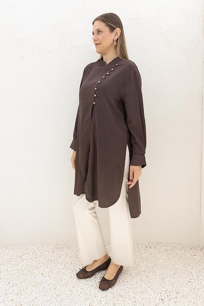 ALLDAY Coffee-Half Patched Slit Linen Tunic
