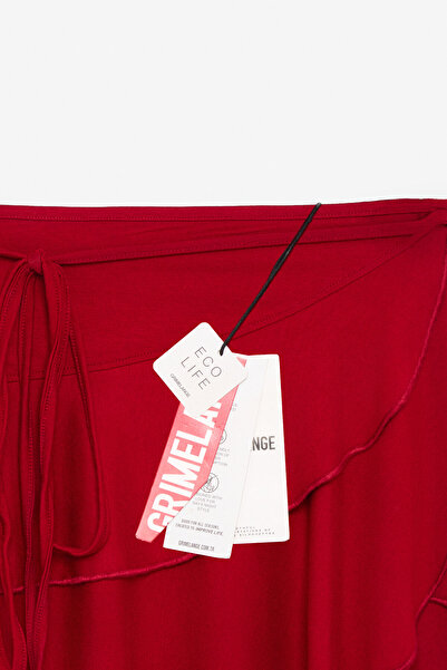 GRIMELANGE SARELIN Kadın Volanlı Anvelop Yandan Bağlamalı Mini Kırmızı Etek