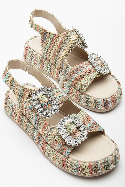 Dilimler Ayakkabı Women's Wedge Heel Sandals Nude Double Strap Straw Material Stone Buckle