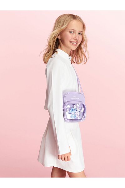 LC Waikiki Lilo and Stitch Printed Lilac Girl's Shoulder Bag with Transparent Pocket Detail