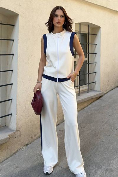 Ded COLLECTION Women's Sleeveless Stripe Detailed Zippered Short Vest Wide Leg Pants Double Sports Suit
