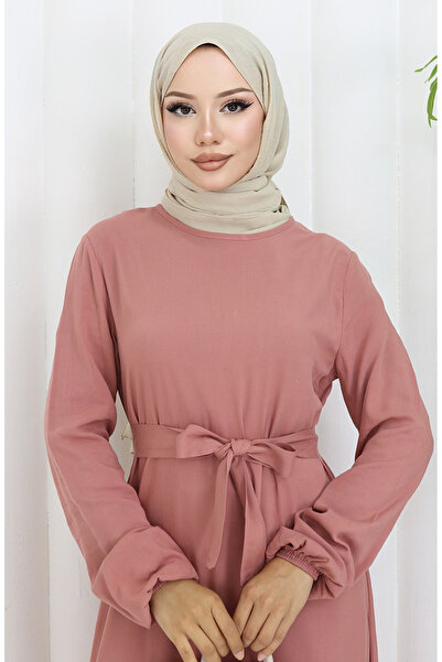 sefamerve Eteği Fırfırlı Kuşaklı Elbise 4103-07 Soğan Kabuğu