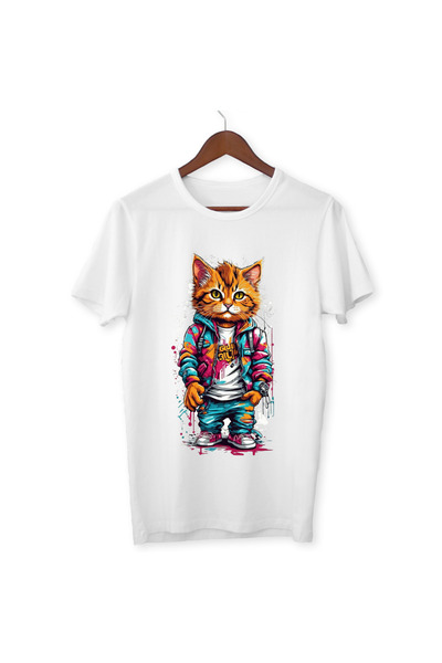 ALPŞAN TİCARET Παιδικό μπλουζάκι με στάμπα γάτας για ενήλικες Λευκό μπλουζάκι...