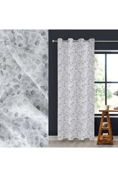 Jumbo Decorative Curtain White Gray Leaves with Rings 140 x 260 cm