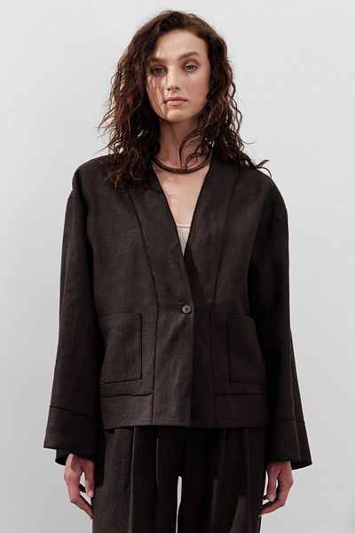 Manuka Linen Single Button Bluz Aci Brown
