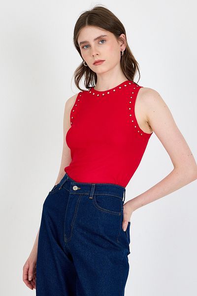 Rays Red Collar and Shoulder Stone Detailed Ribbed Knitted Athlete 1249