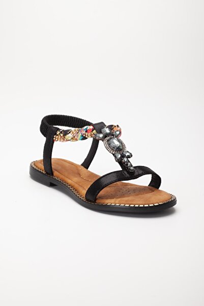 Dilimler Ayakkabı Women's Flat Heeled Sandals Black Stone Buckle Tekband Knitted Helmet