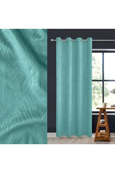 OEM Perdea decorativă din catifea, culoare petrol cu ​​model de frunze tropicale și inele, 140 x 260 cm