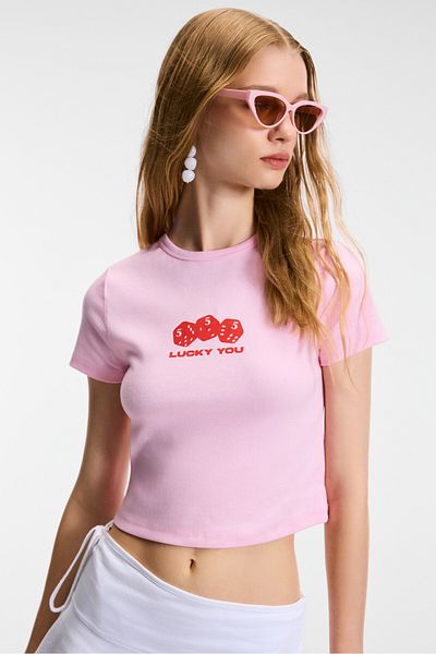 GRIMELANGE Novelle Women's Crew Neck Short Sleeve Front Printed Crop Pink T-Shirt