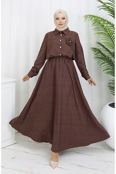 sefamerve Rose Detailed Shirt Skirt Σετ δύο τεμαχίων 2088-07 Καφέ